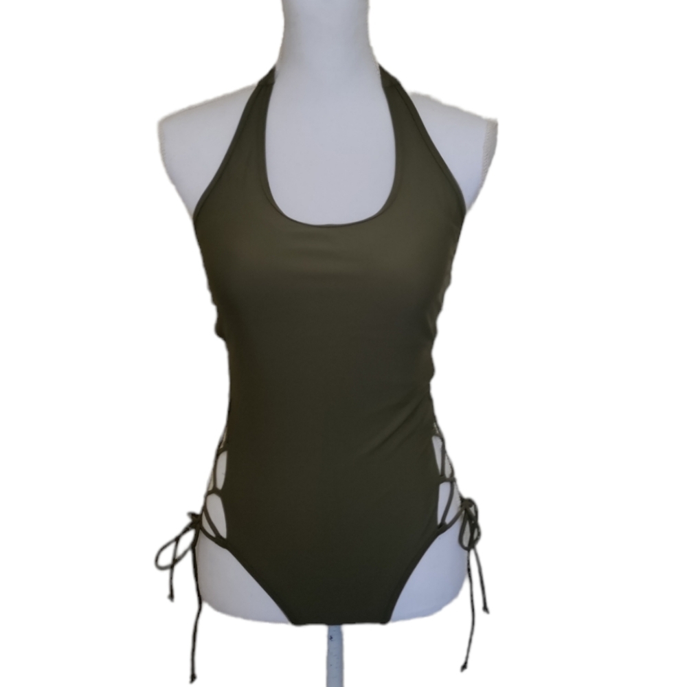 Army Green Lace-Up Halter Tie 1-Piece Swimsuit Large
